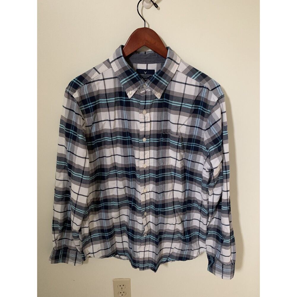 AMERICAN EAGLE Shirt Mens Large Button Down Blue Plaid Classic Fit Long Sleeve